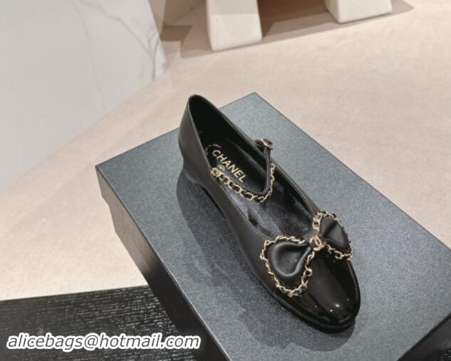 Duplicate Chanel Calfskin & Patent Mary Janes Ballet Flats with Bow and Chain Black 1016112