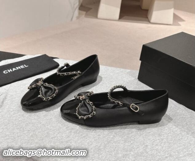 Duplicate Chanel Calfskin & Patent Mary Janes Ballet Flats with Bow and Chain Black 1016112