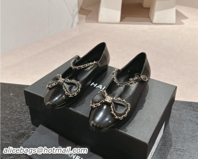 Duplicate Chanel Calfskin & Patent Mary Janes Ballet Flats with Bow and Chain Black 1016112