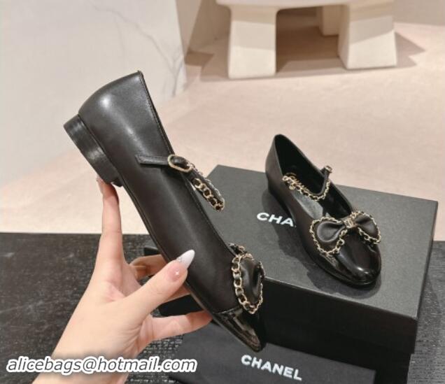 Duplicate Chanel Calfskin & Patent Mary Janes Ballet Flats with Bow and Chain Black 1016112