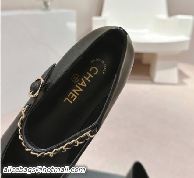 Duplicate Chanel Calfskin & Patent Mary Janes Ballet Flats with Bow and Chain Black 1016112