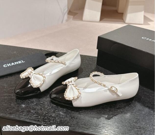 Hot Style Chanel Calfskin & Patent Mary Janes Ballet Flats with Bow and Chain White 016113