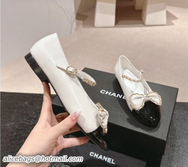 Hot Style Chanel Calfskin & Patent Mary Janes Ballet Flats with Bow and Chain White 016113