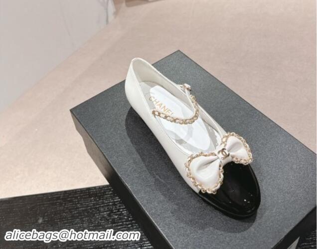 Hot Style Chanel Calfskin & Patent Mary Janes Ballet Flats with Bow and Chain White 016113