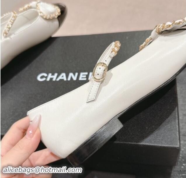 Hot Style Chanel Calfskin & Patent Mary Janes Ballet Flats with Bow and Chain White 016113