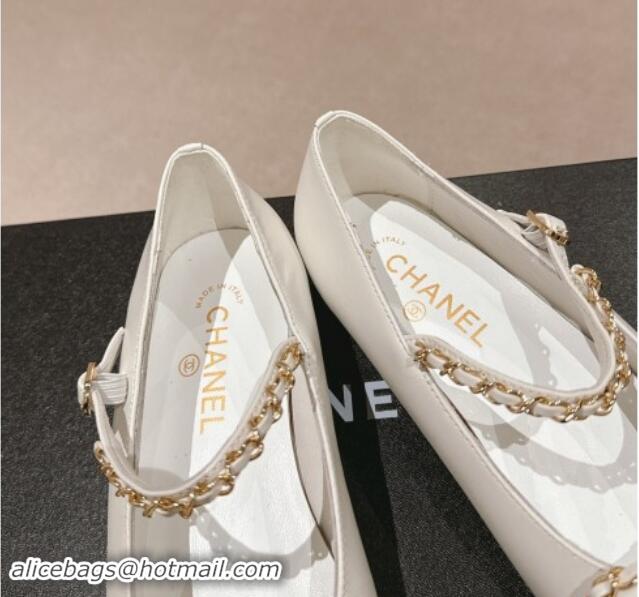 Hot Style Chanel Calfskin & Patent Mary Janes Ballet Flats with Bow and Chain White 016113