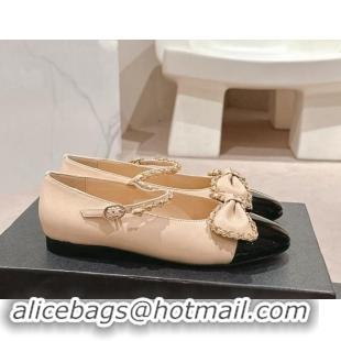 Grade Quality Chanel Calfskin & Patent Mary Janes Ballet Flats with Bow and Chain Beige 1016114