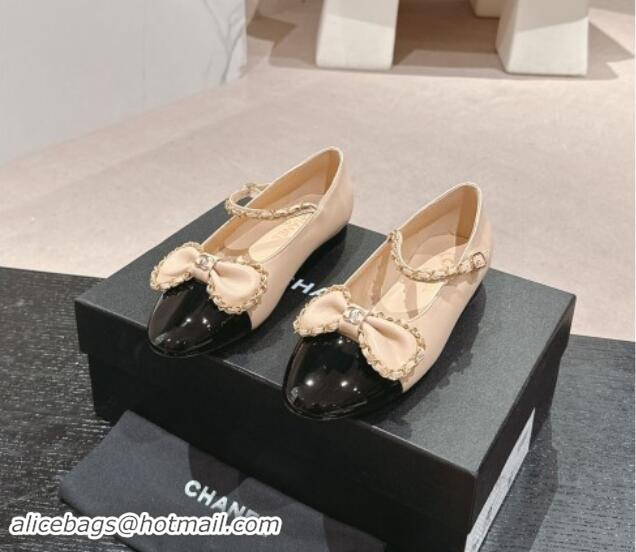 Grade Quality Chanel Calfskin & Patent Mary Janes Ballet Flats with Bow and Chain Beige 1016114