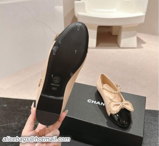 Grade Quality Chanel Calfskin & Patent Mary Janes Ballet Flats with Bow and Chain Beige 1016114