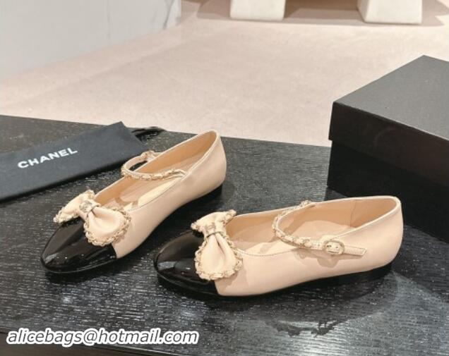 Grade Quality Chanel Calfskin & Patent Mary Janes Ballet Flats with Bow and Chain Beige 1016114