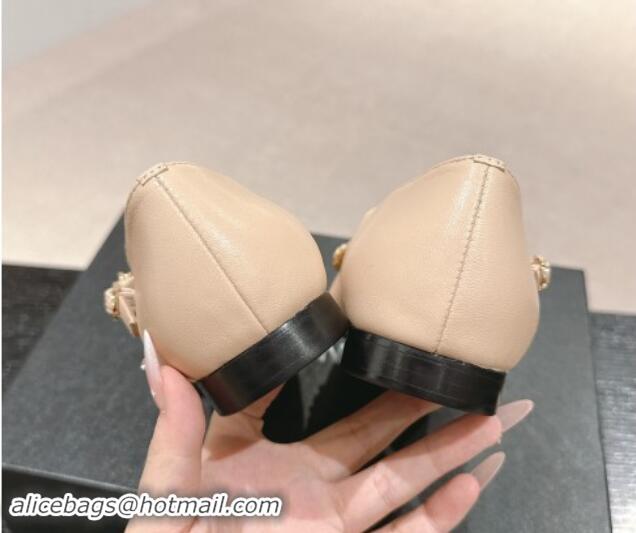 Grade Quality Chanel Calfskin & Patent Mary Janes Ballet Flats with Bow and Chain Beige 1016114