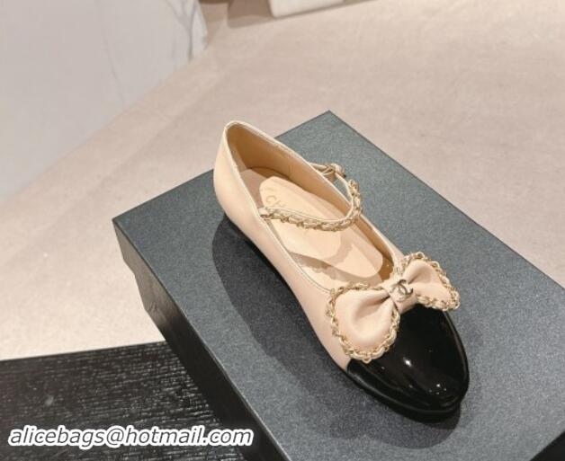 Grade Quality Chanel Calfskin & Patent Mary Janes Ballet Flats with Bow and Chain Beige 1016114