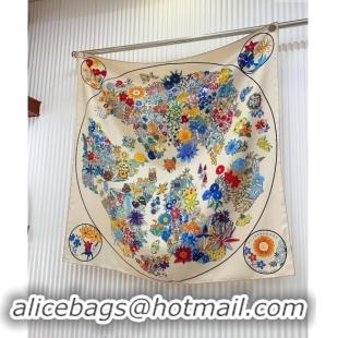 Top Grade Hermes Flora Map Silk Square Scarf 90x90cm 0514 White 2024