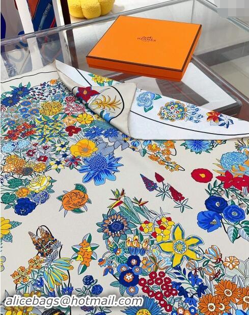 Top Grade Hermes Flora Map Silk Square Scarf 90x90cm 0514 White 2024