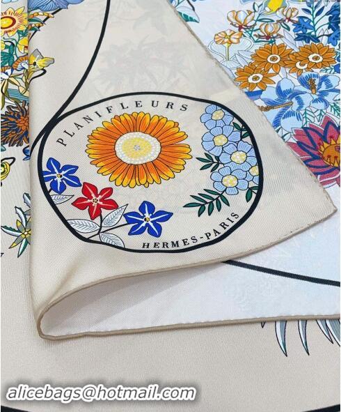 Top Grade Hermes Flora Map Silk Square Scarf 90x90cm 0514 White 2024