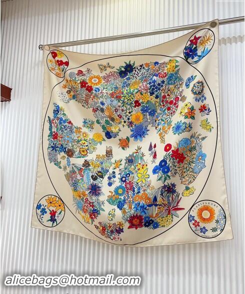 Top Grade Hermes Flora Map Silk Square Scarf 90x90cm 0514 White 2024