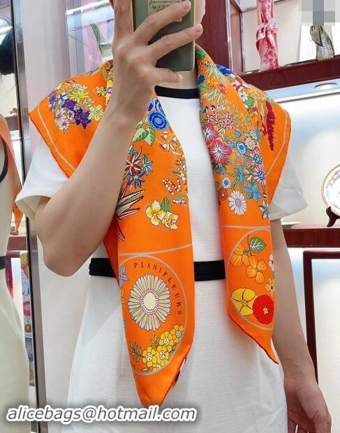 Well Crafted Hermes Flora Map Silk Square Scarf 90x90cm 0514 Orange 2024