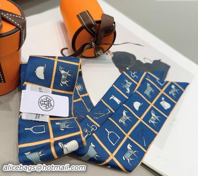 Well Crafted Hermes Logo Twilly Silk Bandeau Scarf 5x86cm 073001 Dark Blue 2024