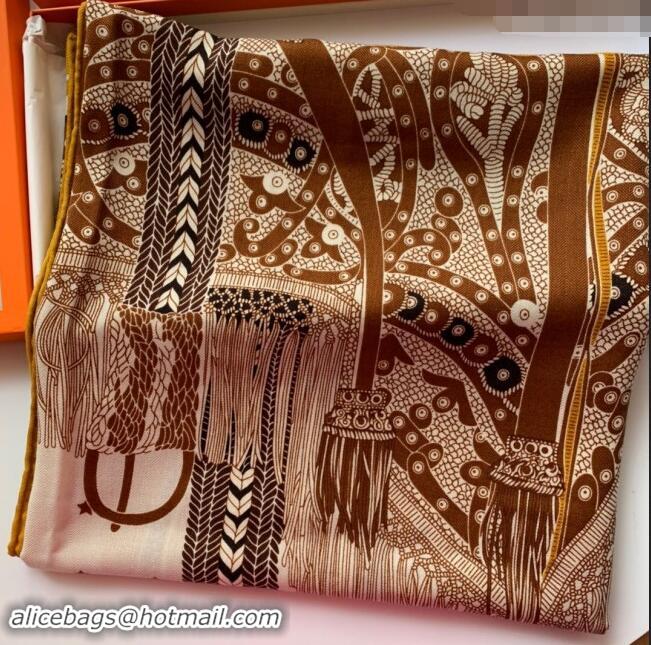 Well Crafted Hermes Cashmere & Silk Sqaure Shawl Scarf 140cm H8603 Brown 2024 Top