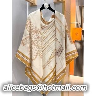 Top Design Hermes Cashmere & Silk Sqaure Shawl Scarf 140cm H8615 Beige/Brown 2024 Top