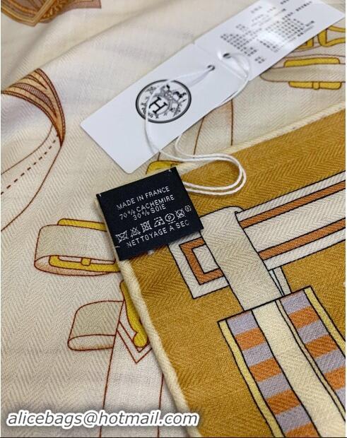 Top Design Hermes Cashmere & Silk Sqaure Shawl Scarf 140cm H8615 Beige/Brown 2024 Top