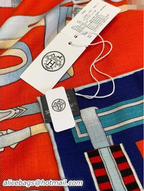 Well Crafted Hermes Cashmere & Silk Sqaure Shawl Scarf 140cm H8619 Red/Blue 2024 Top