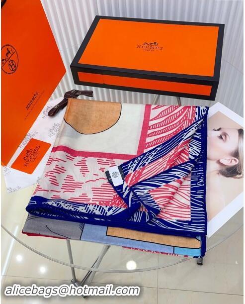 Well Crafted Hermes Cashmere & Silk Sqaure Shawl Scarf 140cm H8622 Blue/Pink 2024