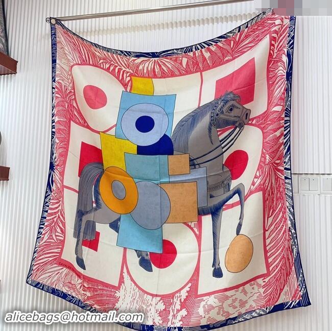 Well Crafted Hermes Cashmere & Silk Sqaure Shawl Scarf 140cm H8622 Blue/Pink 2024