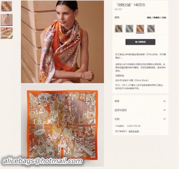 Best Price Hermes Cashmere & Silk Sqaure Shawl Scarf 140cm H8627 Orange 2024