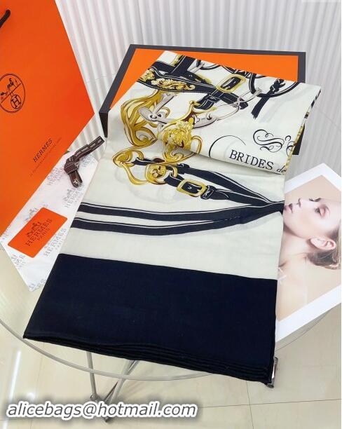 Well Crafted Hermes Cashmere & Silk Sqaure Shawl Scarf 140cm H8629 Beige/Black 2024