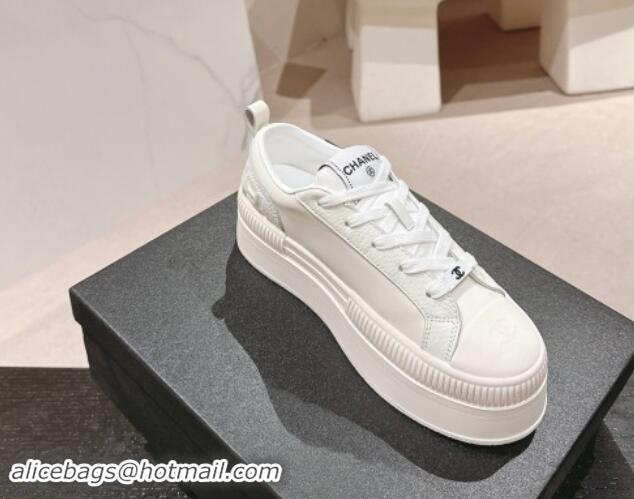 Low Price Chanel Grianed & Calfskin Platform Sneakers White Leather 1016118