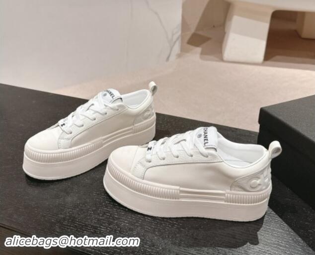 Low Price Chanel Grianed & Calfskin Platform Sneakers White Leather 1016118