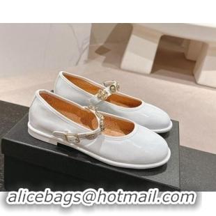 Best Price Chanel Patent Calfskin Mary Janes Ballet Flat with Charm White 1016119