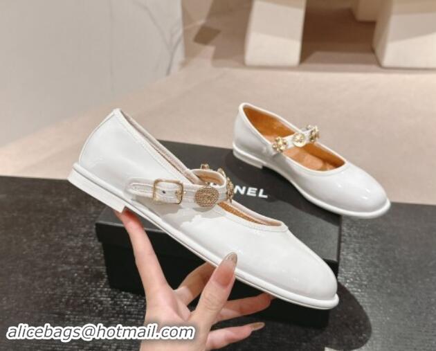 Best Price Chanel Patent Calfskin Mary Janes Ballet Flat with Charm White 1016119