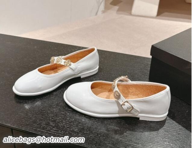 Best Price Chanel Patent Calfskin Mary Janes Ballet Flat with Charm White 1016119