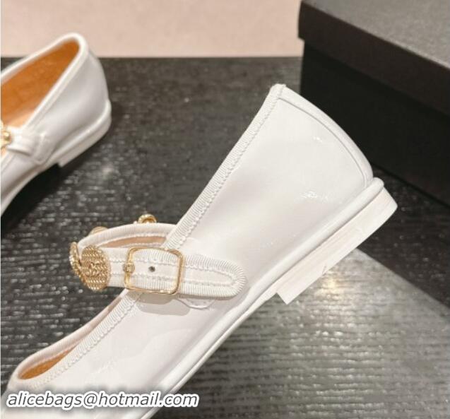 Best Price Chanel Patent Calfskin Mary Janes Ballet Flat with Charm White 1016119