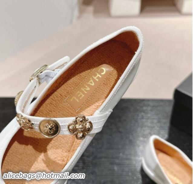 Best Price Chanel Patent Calfskin Mary Janes Ballet Flat with Charm White 1016119