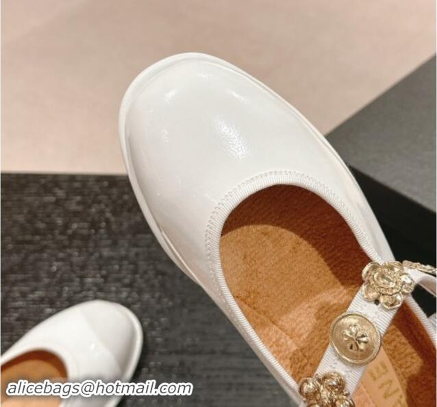 Best Price Chanel Patent Calfskin Mary Janes Ballet Flat with Charm White 1016119