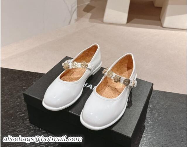 Best Price Chanel Patent Calfskin Mary Janes Ballet Flat with Charm White 1016119