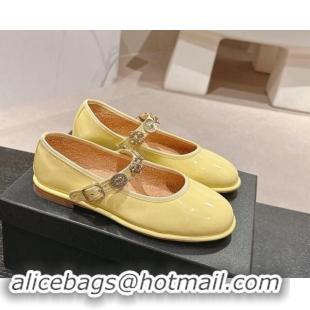 Luxury Cheap Chanel Patent Calfskin Mary Janes Ballet Flat with Charm Yellow 1016121