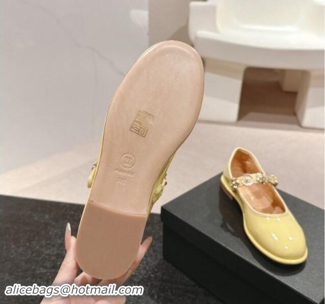 Luxury Cheap Chanel Patent Calfskin Mary Janes Ballet Flat with Charm Yellow 1016121