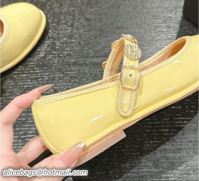 Luxury Cheap Chanel Patent Calfskin Mary Janes Ballet Flat with Charm Yellow 1016121