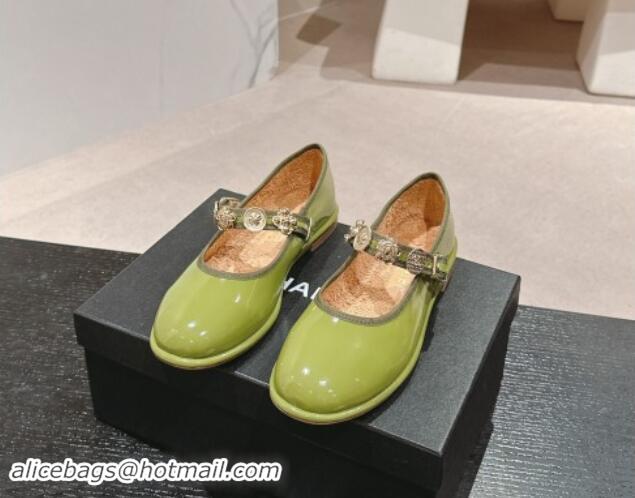 Popular Style Chanel Patent Calfskin Mary Janes Ballet Flat with Charm Green 1016122