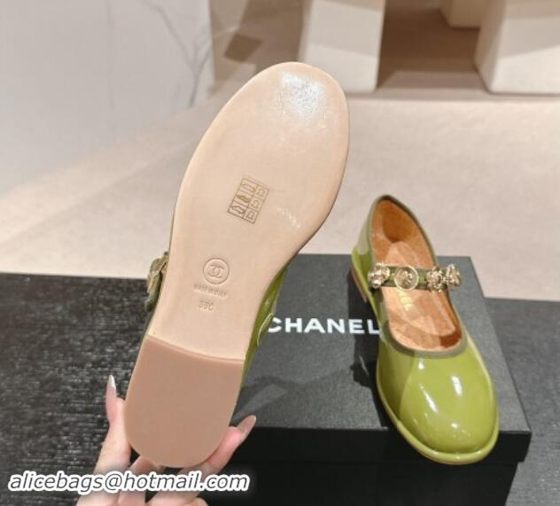 Popular Style Chanel Patent Calfskin Mary Janes Ballet Flat with Charm Green 1016122