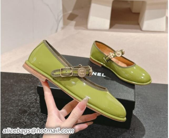 Popular Style Chanel Patent Calfskin Mary Janes Ballet Flat with Charm Green 1016122