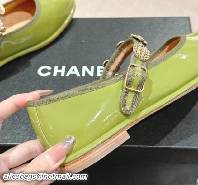 Popular Style Chanel Patent Calfskin Mary Janes Ballet Flat with Charm Green 1016122