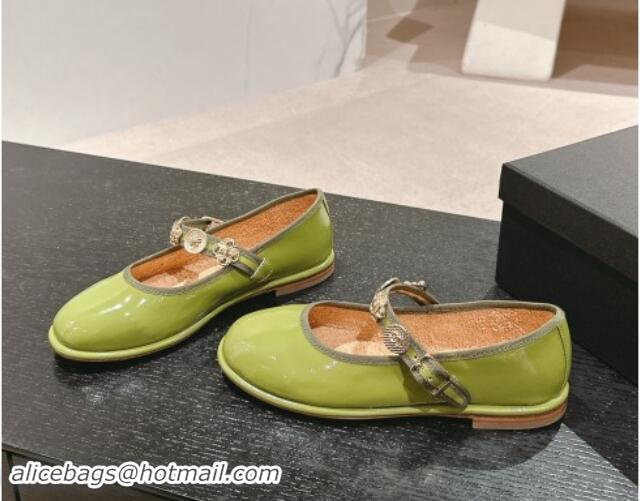 Popular Style Chanel Patent Calfskin Mary Janes Ballet Flat with Charm Green 1016122