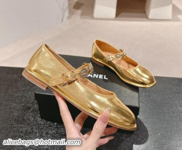 Top Design Chanel Metallic Calfskin Mary Janes Ballet Flat with Charm Gold 1016124