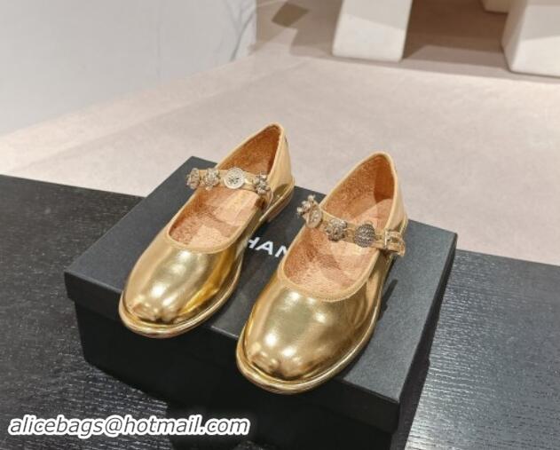 Top Design Chanel Metallic Calfskin Mary Janes Ballet Flat with Charm Gold 1016124