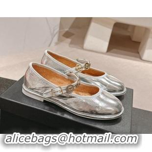 Cheap Price Chanel Metallic Calfskin Mary Janes Ballet Flat with Charm Silver 1016125